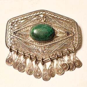 vintage filigree israel 925 silver malachite brooch - 21 grams - 2.5”
